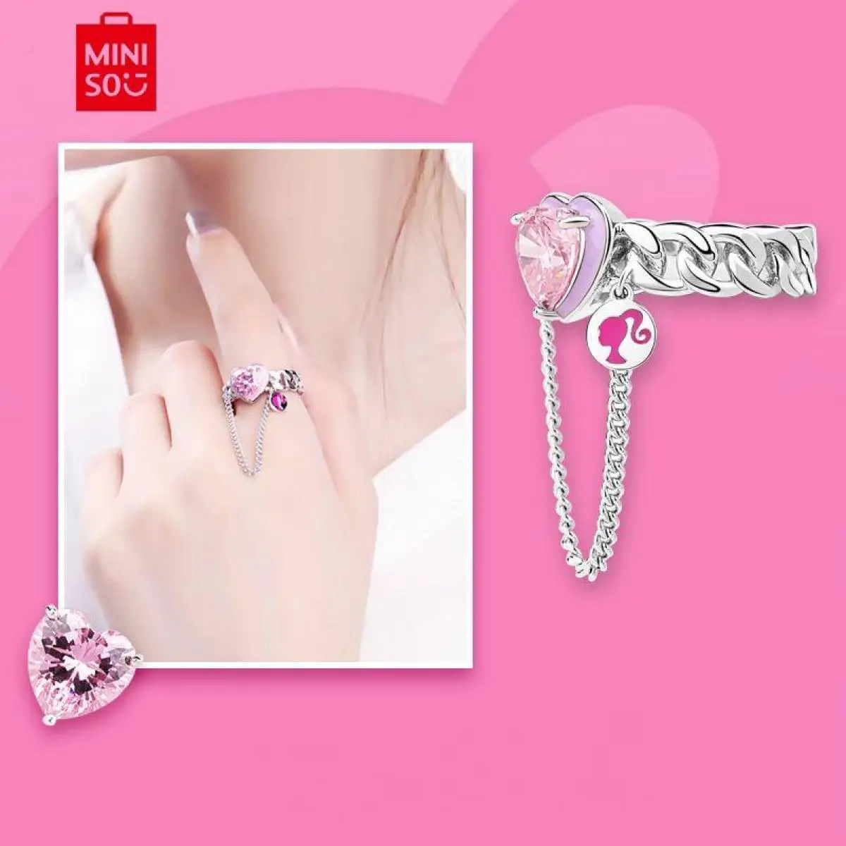 MINISO Boutique Barbie 925 Silver Necklace Original Design Ring Zircon Chain Ring Index Finger Ring Girl Accessory Gift