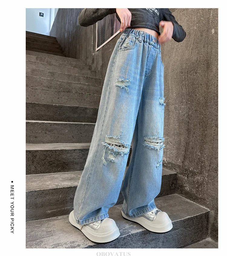 Zerrissene Jeans für Mädchen, Frühlingsmode, Löcher, Kinder, Ripped Pants, elastische Taille, Kinderkleidung für Teenager, koreanische Jeanshosen – Detail 4