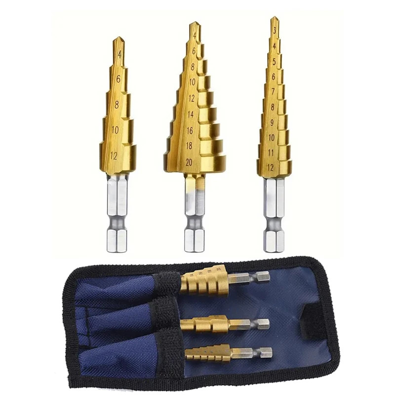 3Pcs 3-12mm/4-12mm/4-20mm Hss Step Drill Bit, Straight Groove DrillTitanium Coated Metal Driller, Drilling Tools Set