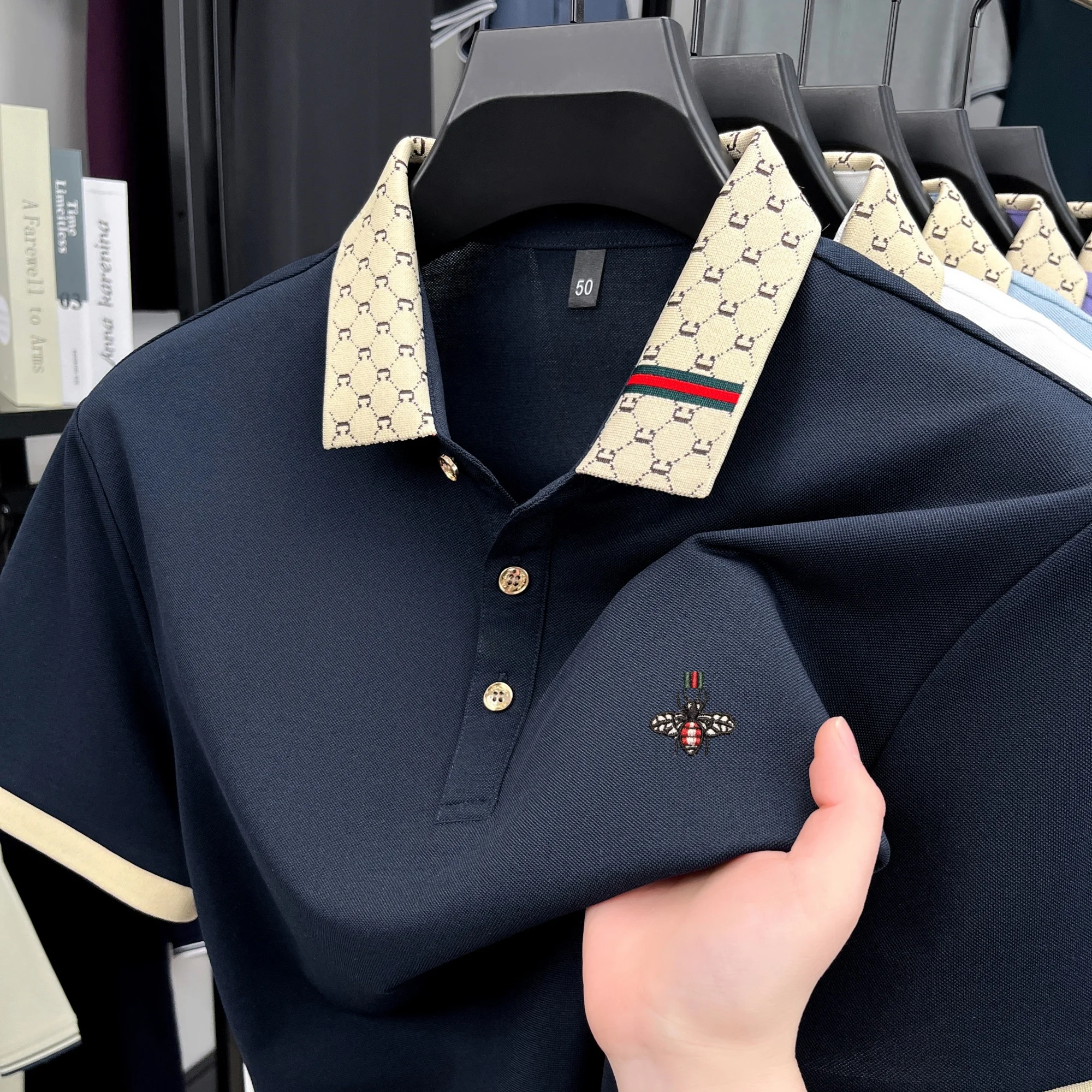 Personality letter jacquard lapel short sleeve T-shirt men high-end brand Little Bee embroidery fashion trend summer polo shirt
