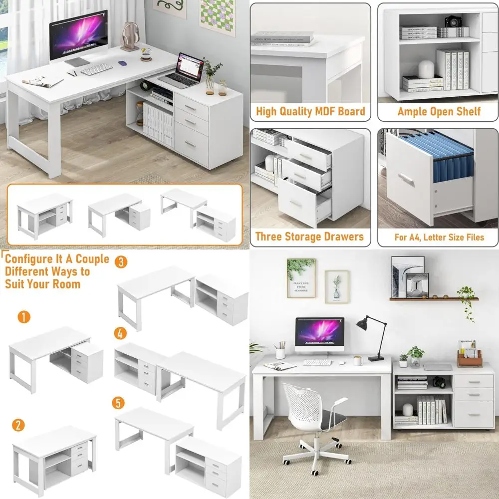 

L-образный белый стол 55 дюймов с местом для хранения вещей, 3 ящиками, 2 полками, угловой компьютерный стол для письма и офисного использования