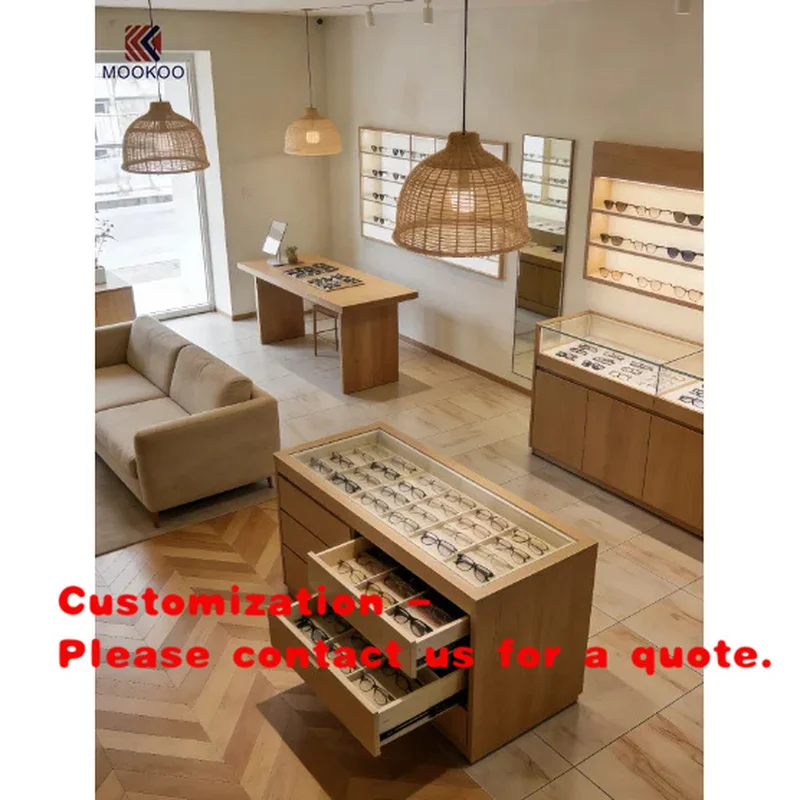 custom.Warm Tone Timber Optician Boutique Full Set Display Furniture  Eyeglass Rack Custom Optical Interior Fit Out System