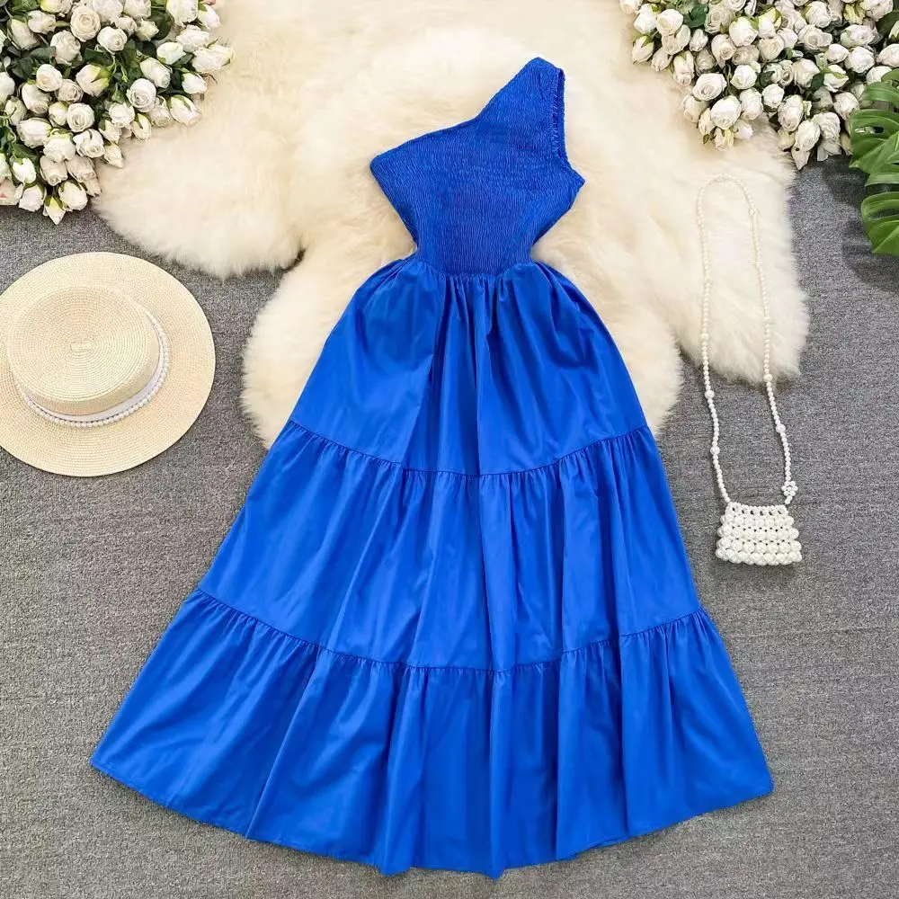 2023 New Gentle Retro Style Sleeveless Oblique Collar Off Shoulder Slim Fit Dress Beach Vacation Long Dress