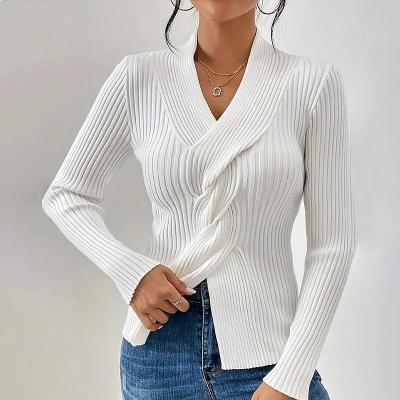 Women's Knit Sweater Slim Fit Long Sleeve Ribbed Hem Split Pullover Tops Casual Knitwear