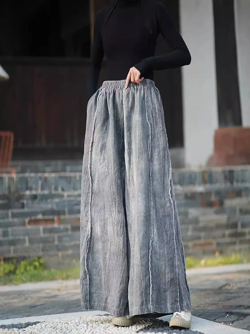 TIYIHAILEY-Wide Leg Long Linen Ramie Pants for Women, Spring Autumn Casual Trousers Ladies Elastic Waist, 2025 Grey Beige