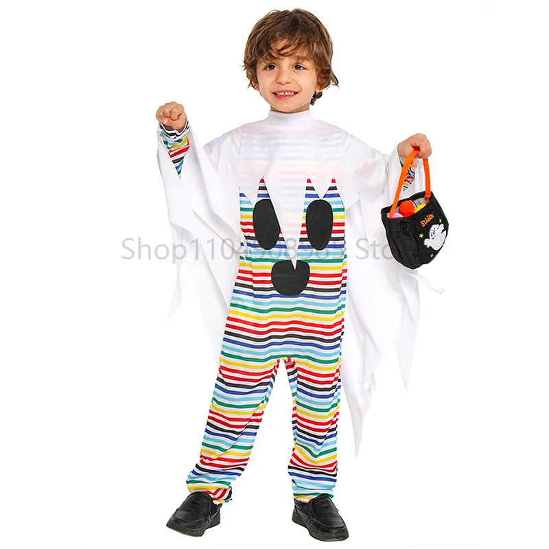 

2025 Unisex Boys White Boo Ghost Costume for Children Ghost and Striped Jumpsuit Girls Ghost Scary Halloween Fancy Dress