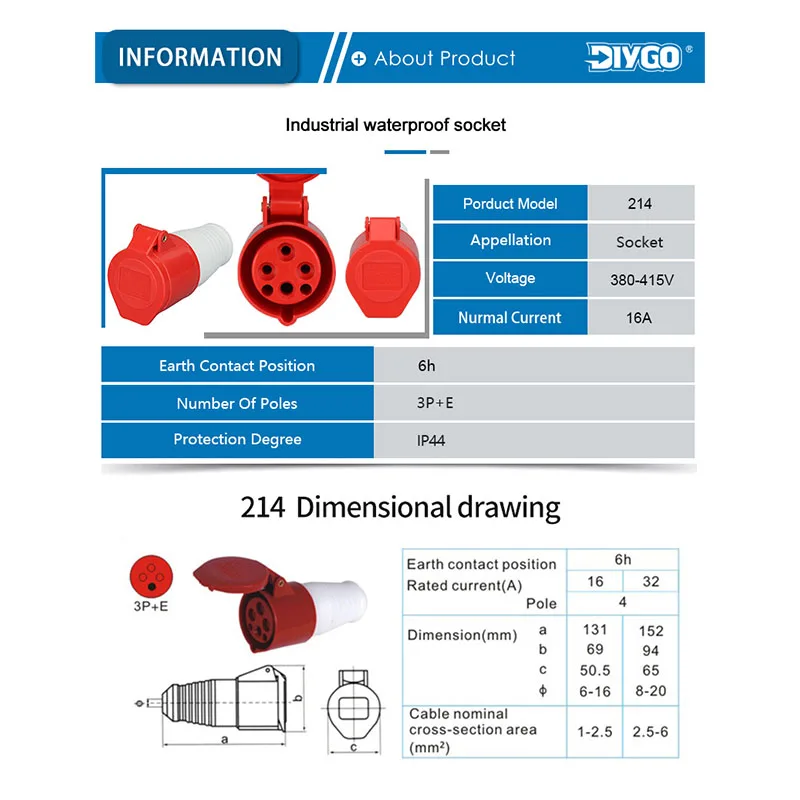 DIY GO IP44 Industrial Plug & Sockets Waterproof Cable Wire Connector Electrical Power Conditioning Male Female 16A 380V-415V