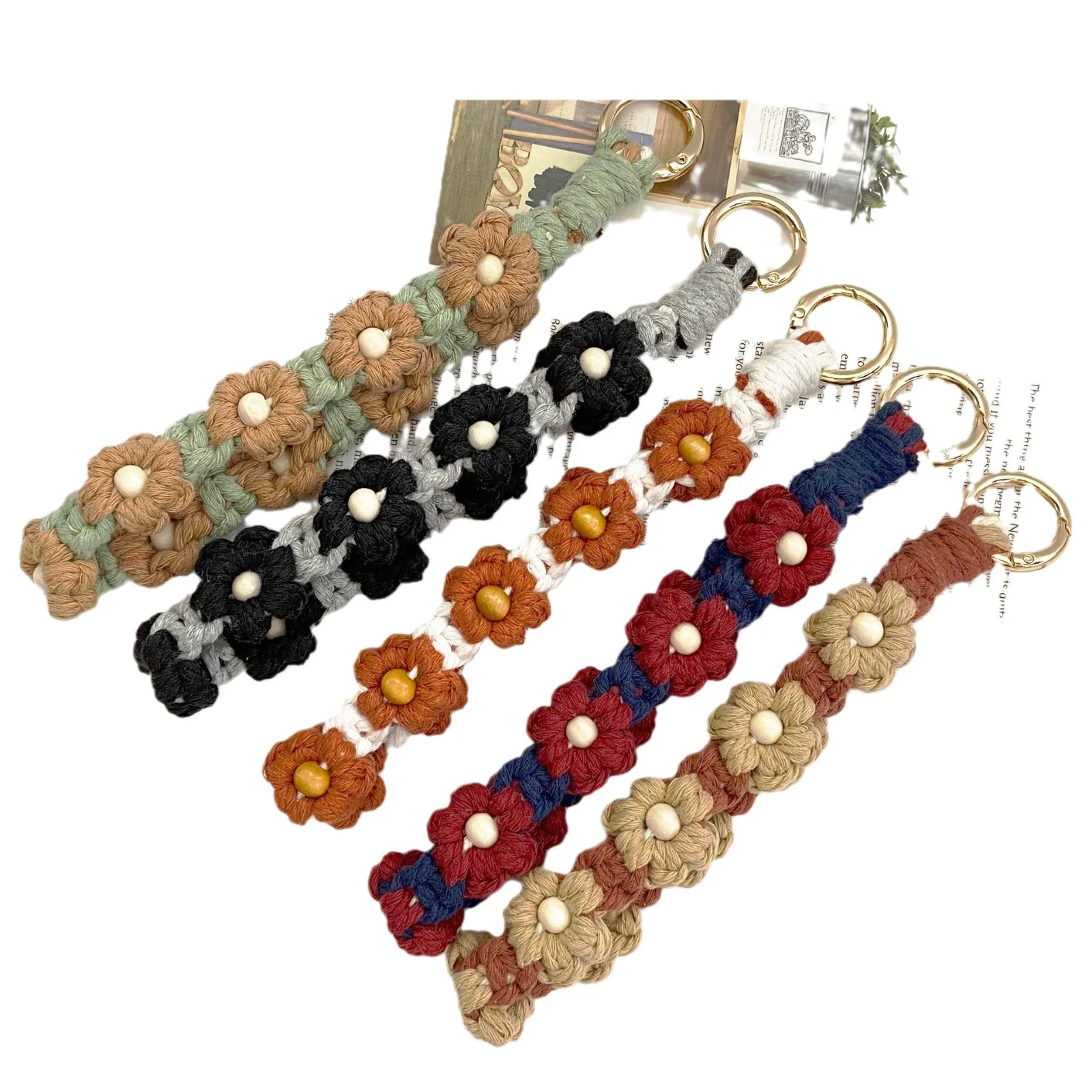 1pc Daisy Flower Key Chain Ins Explosive Style High-End Diy Hand-Woven Wrist Key Ring Bohemian Style Car Keychain Bag Pendant