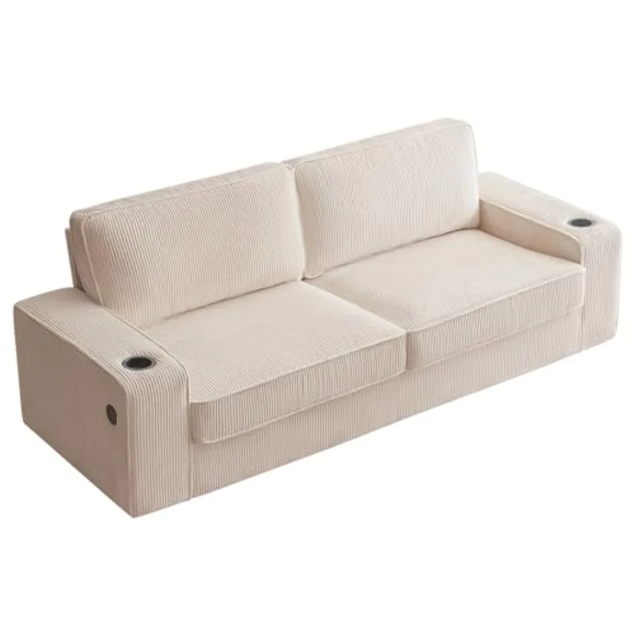 Sofa 89 inch Modern Sofa with USB Charging Ports Cup Holders Deep Seat Sofa Couch Comfy Couch for Living Room Beige Corduroy