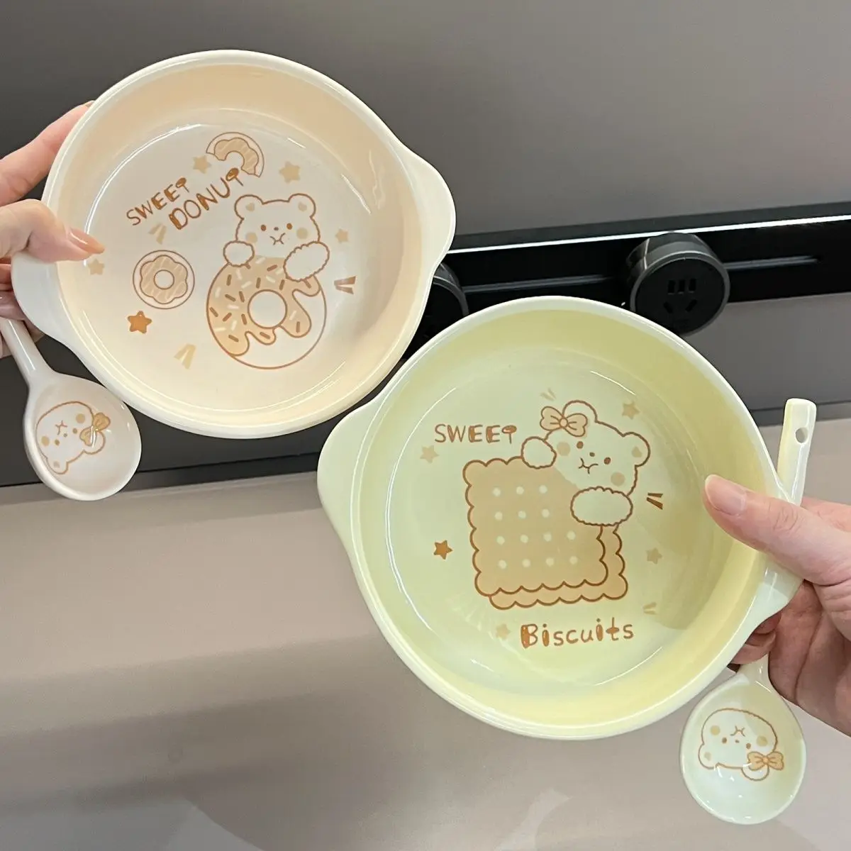 Cream Bear Bowl 7.5-inch Double Ear Ceramic Face Bowl Salad Bowl Underglaze Color Student Cute Home High Beauty Large Ceramic