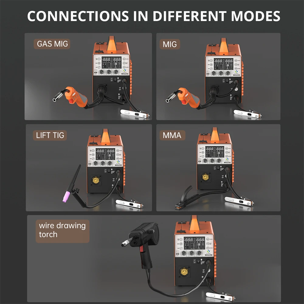 HITBOX 250A 6 in 1 Aluminum Welding Machine ARC MMA/MIG Gas Gasless/Lift TIG 2T 4T IGBT Inverter Semi-Automatic MIG Welder