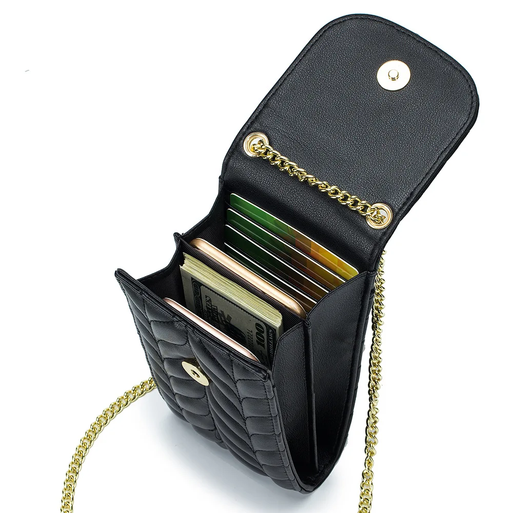 Genuine Leather Vertical Mobile Phone Bag Lingge Chain Bag Multi Functional Fashion Crossbody Mobile Phone Bag