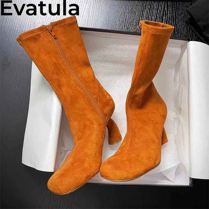 2024 Autumn Strange High Heels Mid-Calf Boots For Women Real Leather Side Zipper Short Boots Fashion Slim Elastic Boots Female