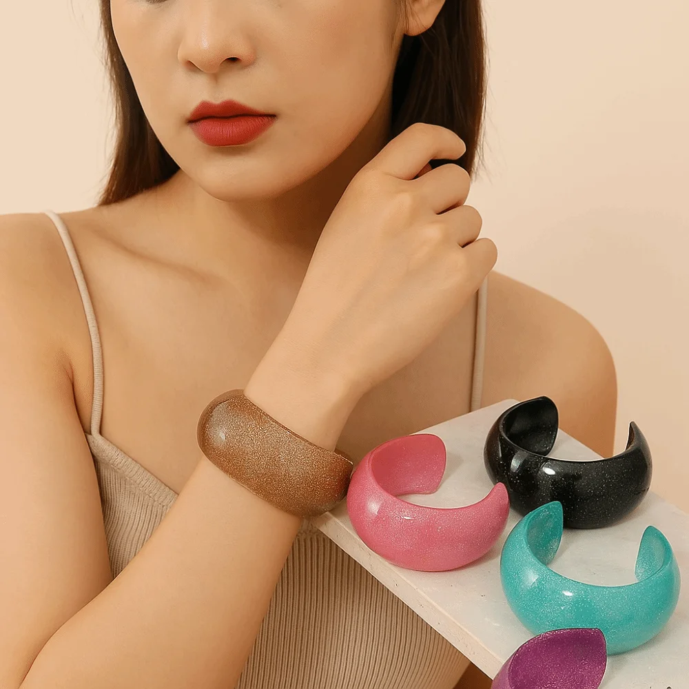 Minority Design Glitter Acrylic Bangle Open Retro Jelly Color Wide Bracelet Vintage Jewelry Accessories