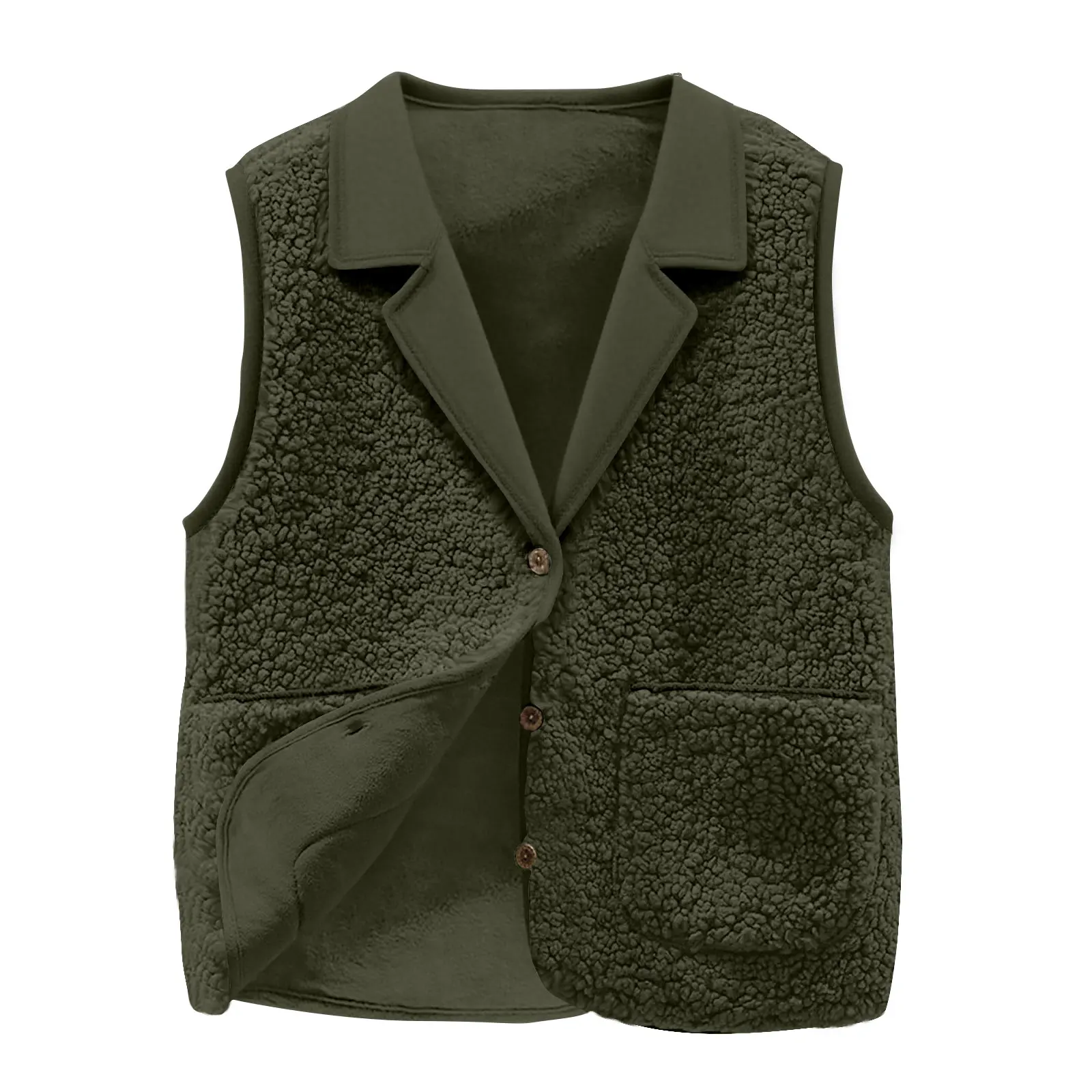 Women's Sherpa Fleece Vest, Lapel Collar, Button-Front, Pockets, Casual Warm Sleeveless Jacket Coat for Autumn Winter