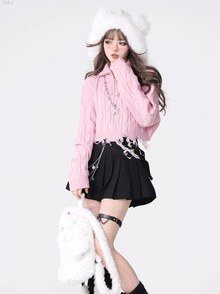 Warm Knitted Kawaii Lolita Sweaters Women Polo Collar Pink Japanese Casual Pullovers Female Long Sleeve Elegant Pullovers Blouse