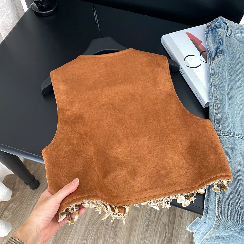 Dames kwastje V-hals Geborduurd top mouwloos vest Vintage elegante Koreaanse mode Zomer dameskleding