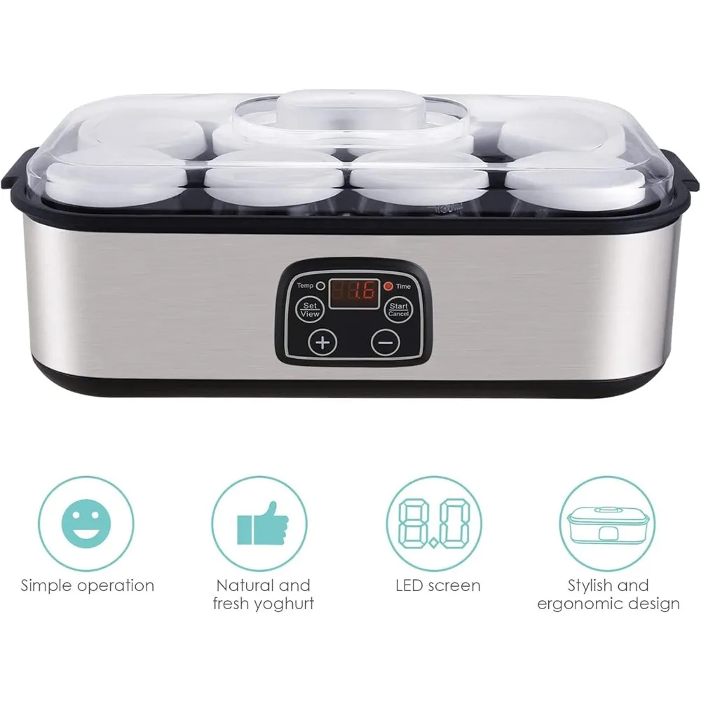 Йогуртница, автоматическая цифровая, с ЖК-дисплеем, 8 стеклянных банок 48 унций/с, дизайн из нержавеющей стали, автоматический контроль температуры
