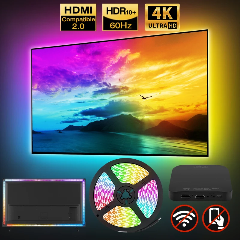 Ambient LED TV Backlights 4K Device Box Tape Screen Color Sync No Wi-Fi  No APP TV LED Strip Lights Kits RGB TV Led Backlights