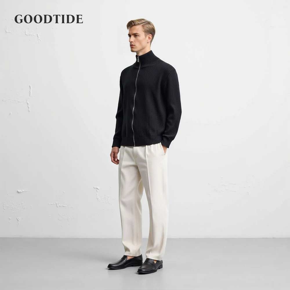 Fashion Men's Stand Collar Cardigan Knitted Sweater Autumn New Retro Zipper Vertical Stripe Long Sleeve Top Coat Men's Jacket