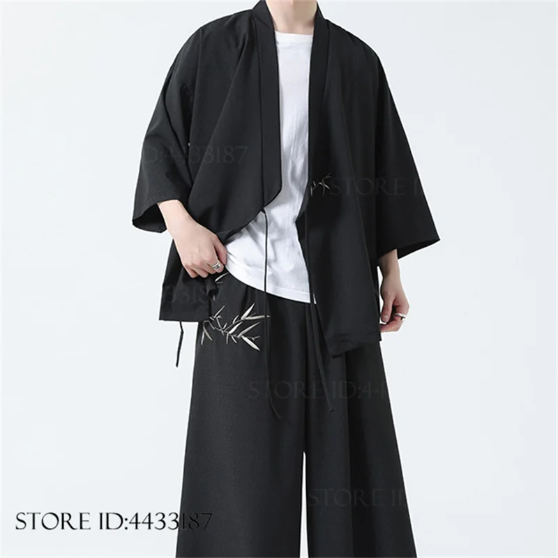 Oversize 5XL Traditional Kimono Cardigan Pants Set Japanese Yukata Haori Harajuku Samurai Cosplay Costume Embroidery Hanfu Coat