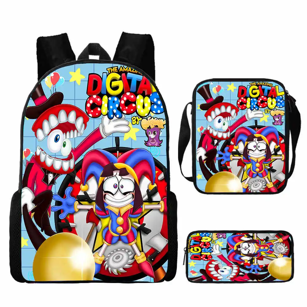 The Amazing Digital Circus School Bag Set para crianças, meninos e meninas Cartoon Backpack, Anime Kawaii School Bag, melhor presente, 3 pcs