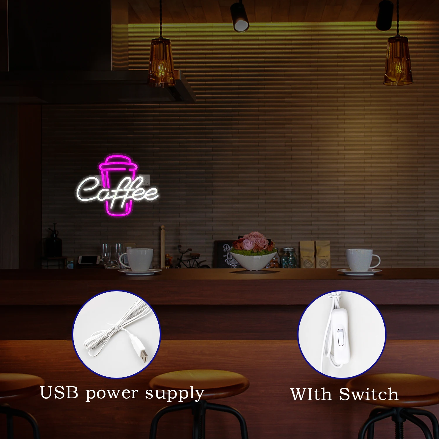 Imagem -06 - Usb Led Neon Light Sign Sinal de Café Rosa Branco Wall Decor Adequado para Café Bar Restaurante Cerveja Pub Quarto Birthday Party