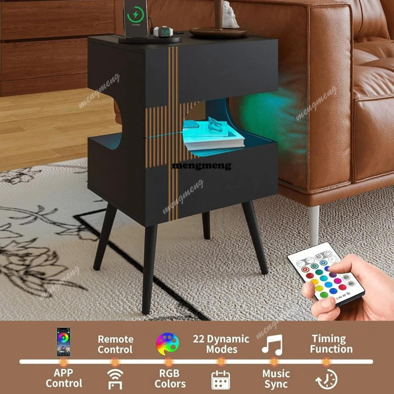 충전 스테이션이 있는 블랙 나이트스탠드 및 LED 조명 - Solid Wood Nightstand 2 Drawers 리뷰 및 가격