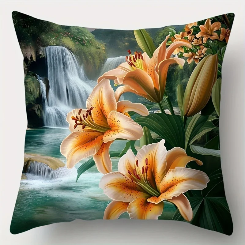 1pc 2D Flat (Pillow Not Included) Orange Lily Flowers by Waterfall Cushion Cover Short Plush Nature Botanical Decor Throw Pillow