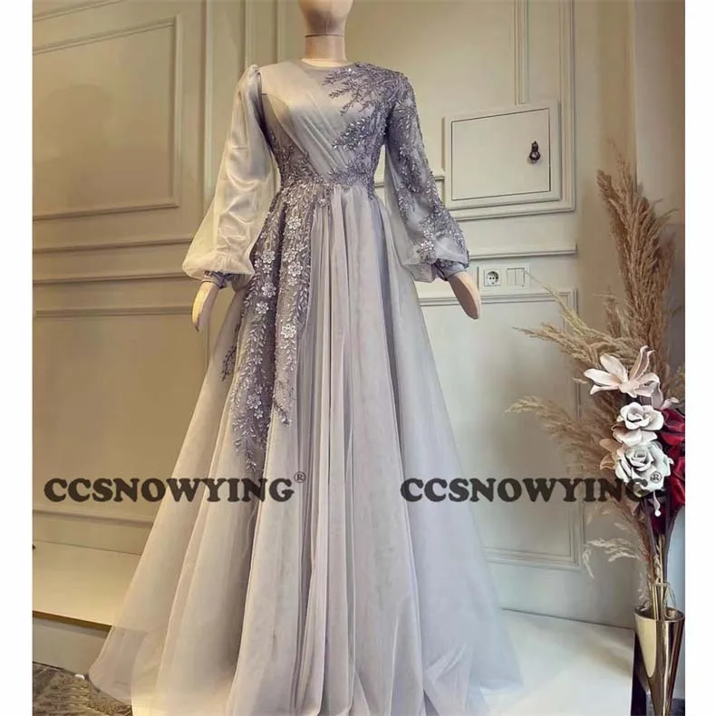 

Elegant Tulle Appliques Muslim Evening Dresses Arabic Dubai Long Sleeve Prom Formal Party Gown Moroccan Caftan Robes De Soirée