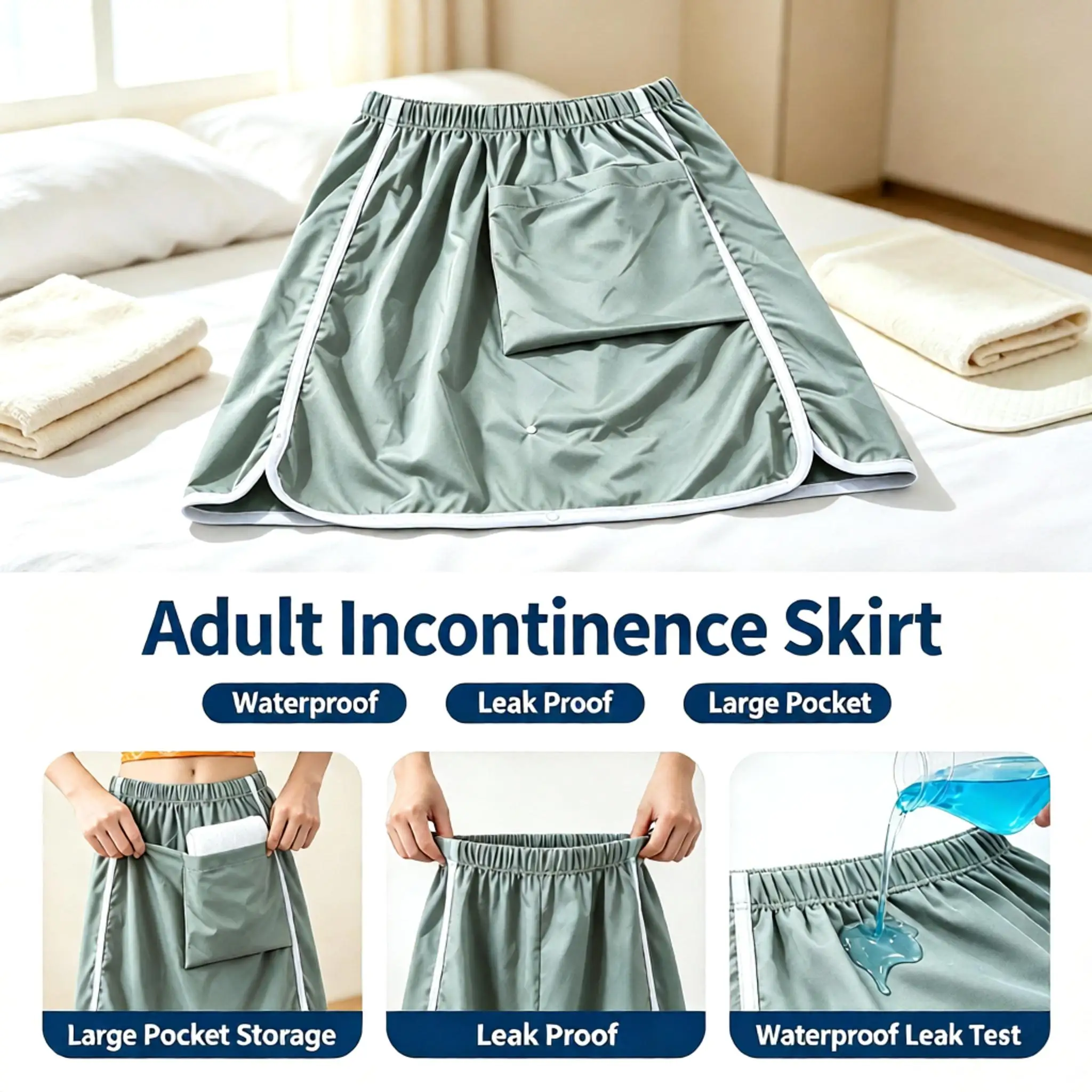 Reusable Washable Adult Incontinence Skirt for Women Waterproof Breathable Leakproof Menstrual Care Anti-Leak Skirt
