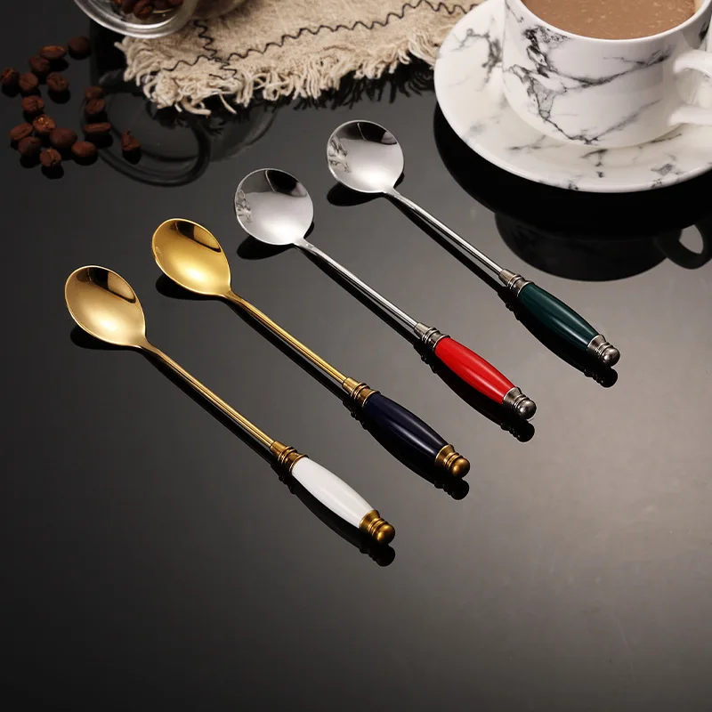 

Creamic Handle 304 Stainless Steel Coffee Spoons Pretty Colors Tea Mixing Spoon Table Decorative Items Dessert Fruit Accessories