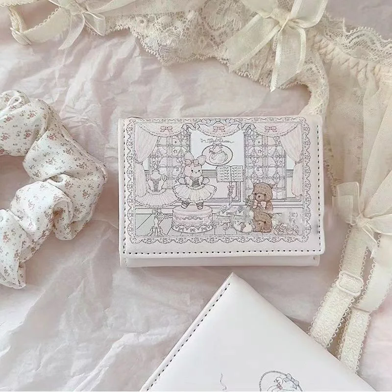 بو الجلود Kawaii لوليتا نمط الباليه الأرنب والدب المطبوعة محفظة قصيرة