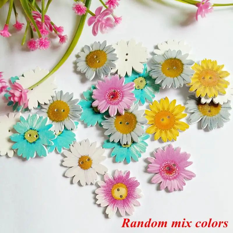 30PCs 35mm Mix colr Natural Wooden Buttons Large chrysanthemum Scrapbooking Decorative Sewing Accessories For Craft Painting