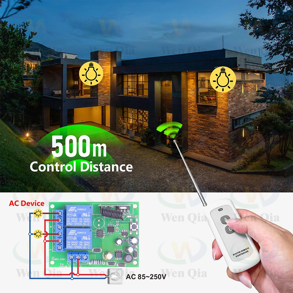 433MHz 110V 220V Universal Wireless Remote Control Switch,2CH Relay Module and 500m Transmitter for Light/Garage Gate/Crane/DIY