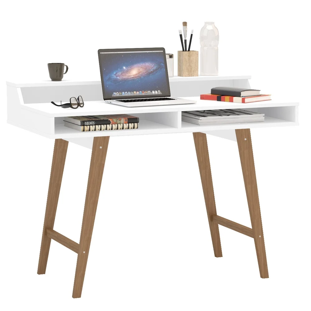 Modern Writing Desk with Storage Elevated Shelf and Open Cubbies Home Office or Student Use Scratch Resistant Water Resistant