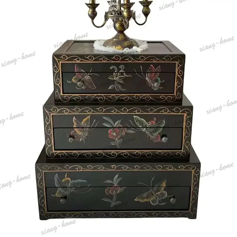 PG  New Chinese Solid Wood Painted Bedside Table American Storage Xizang Box Sofa Side Butterfly Cabinet