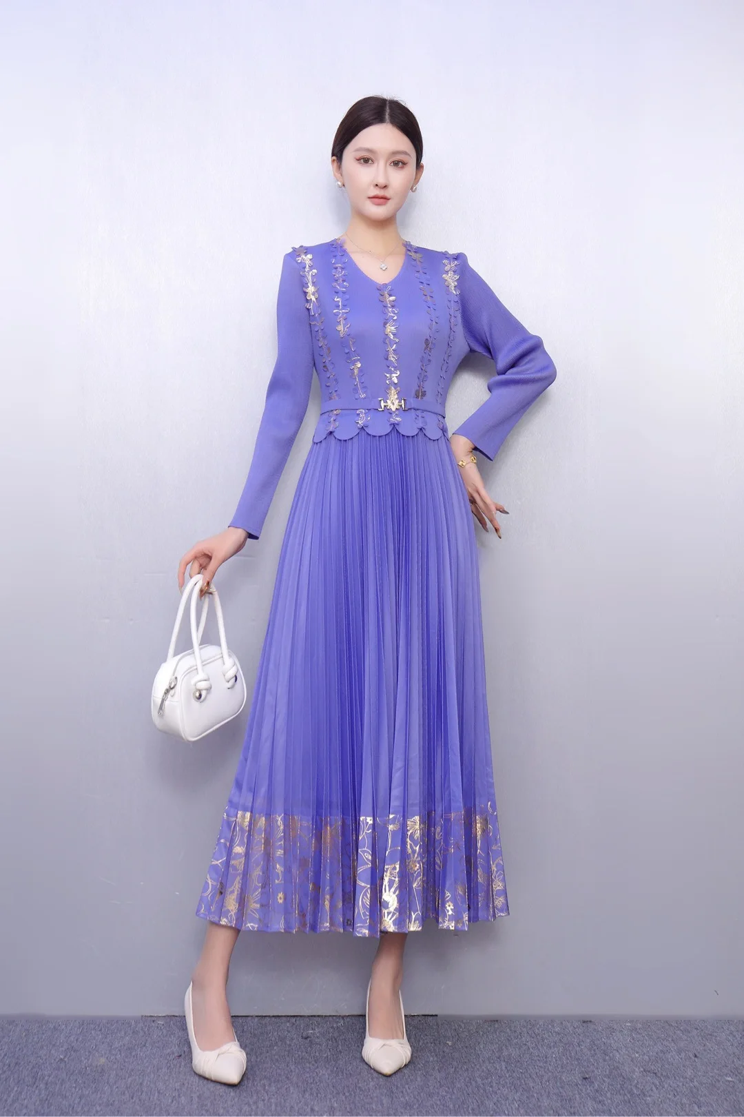 ミヤケプリーツドレスファッションブロンズウエスト細見え気質エレガントレディースドレス2025秋冬新作