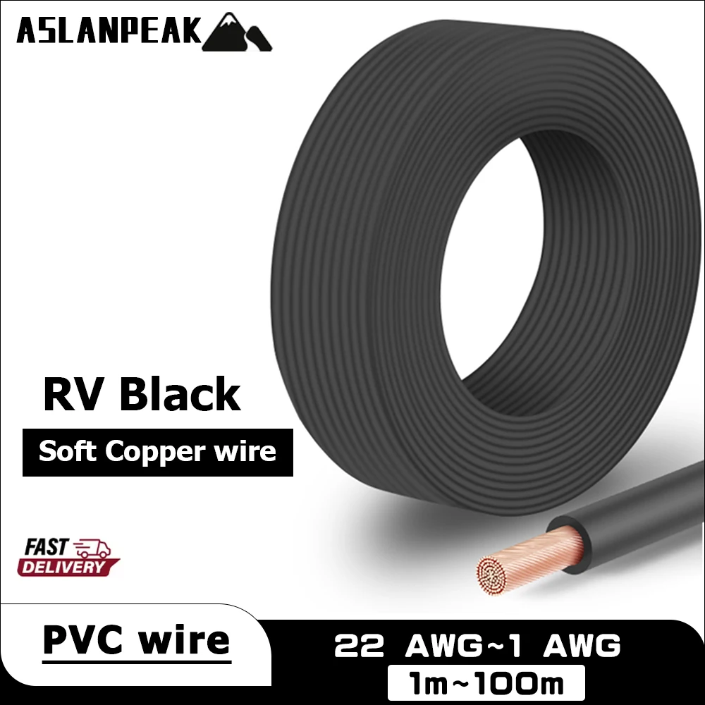 RV-Black 22-1AWG 1-100m PVC Flexible solid copper wire Soft extension Power Electric cable car audio automotivo speaker cables