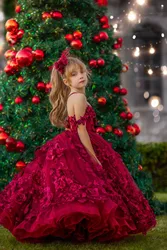 Luxury Burgundy Flower Girl Dresses Long 3D Flowers Pearls Birthday Off Shoulder Party Dress Tulle Pageant Child Christmas Gowns