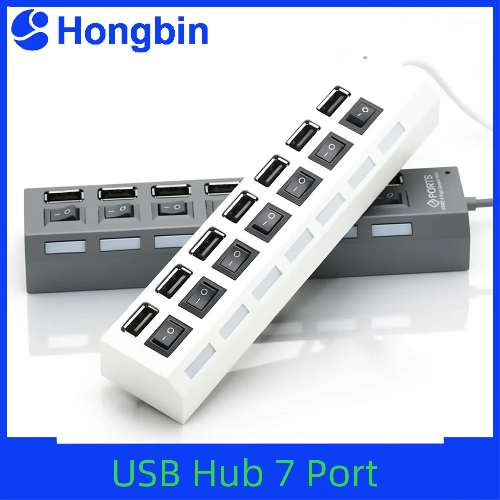 Hub USB de 7 Portas, Adaptador de Energia Multi USB com Interruptor Liga/Desliga para Acessórios de PC, Laptop e MacBook