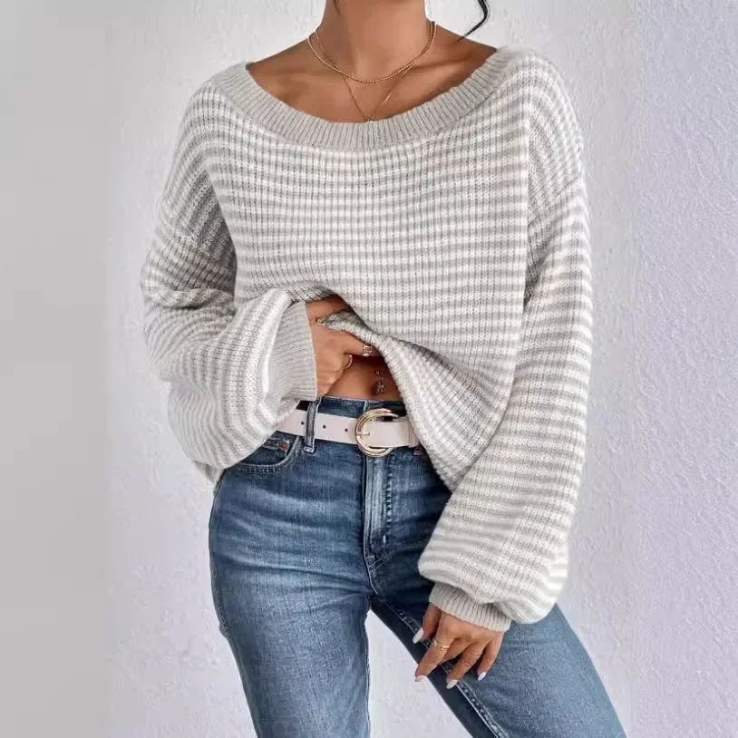 Sweter Off-the-shoulder wanita, dengan kerah satu kata di musim gugur dan musim dingin kontras lengan lentera bergaris