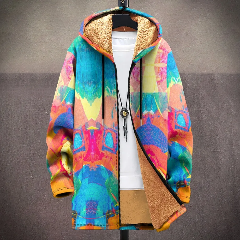 Men Cardigans Coats Colors Tribal Pattern Art Graphics Printed Plush Thick Winter Jackets Casual Streetwear Unisex Clothing