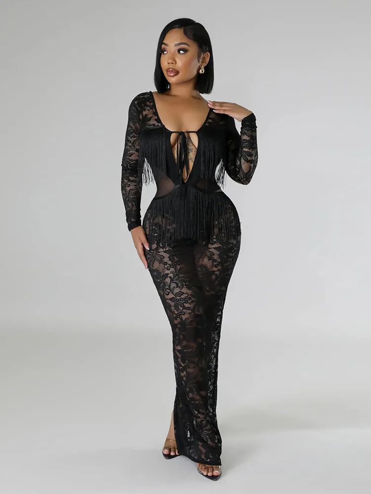 

New Fashionable Perspective Lace Dress With Feminine Sensation And Strap Up Back