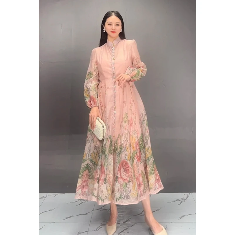 Vefadisa 2024 Autumn New White Printed Women Dress Stand Collar Long Sleeve Waist Swing Dress Temperament Elegant Dress ZXY1103A