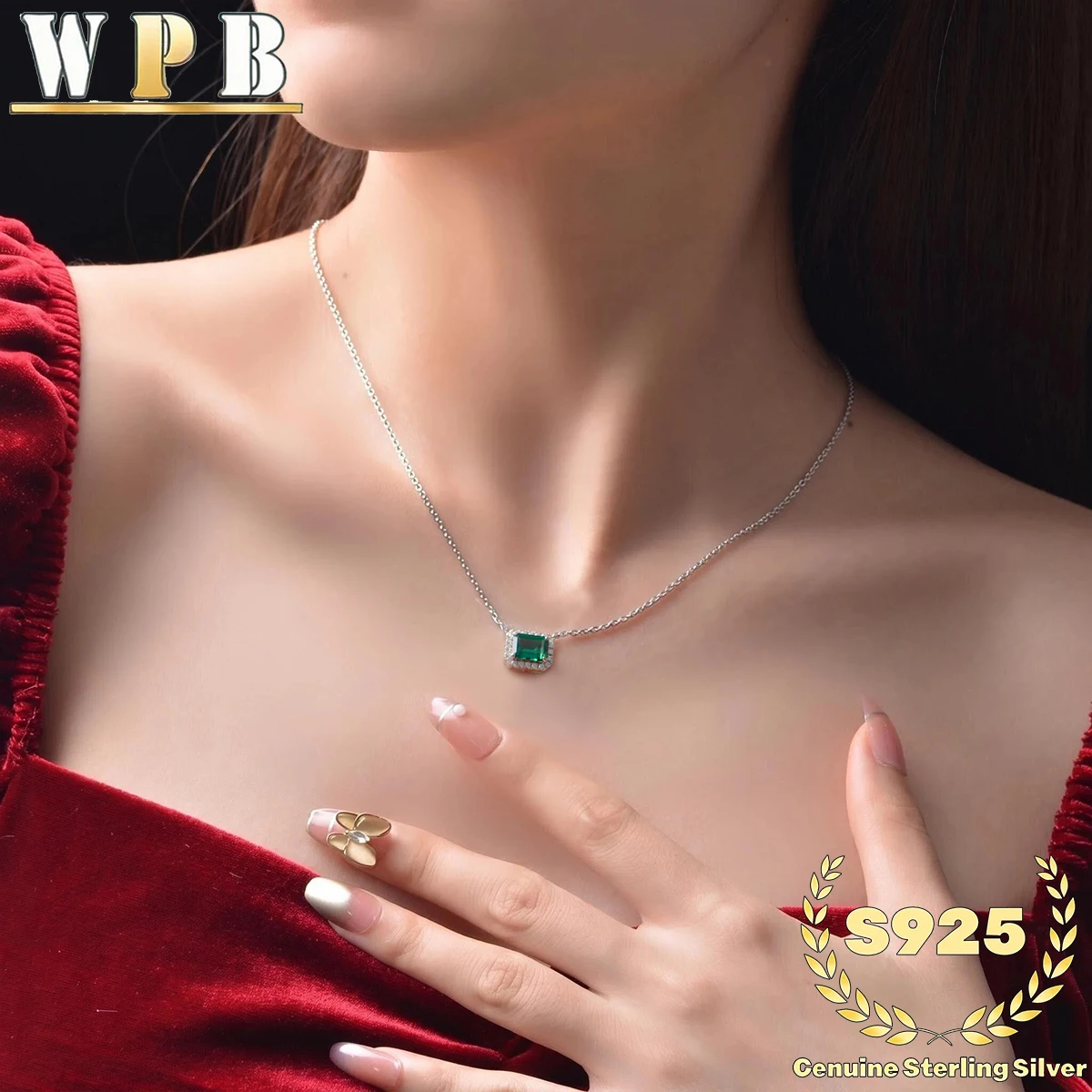S925 Sterling Silver Necklace Emerald Green Zircon Rectangle Pendant Elegant Dainty Jewelry Birthday Gift for Women