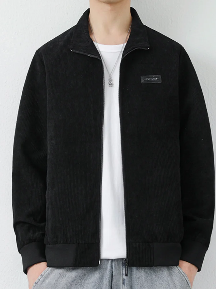 Men Black Corduroy Bomber Jacket Stand Collar Zip Up Ribbed Cuffs Minimal Label Decor Retro Casual Windproof Outerwear Spring +