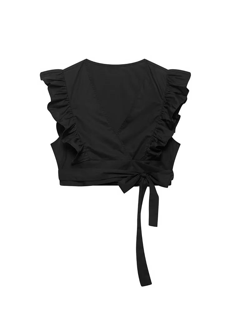 

KUCLUT Women Fashion Black Pleated Bow Lace Up Cropped Tank Tops Vintage V-Neck Sleeveless Female Chic Lady Top