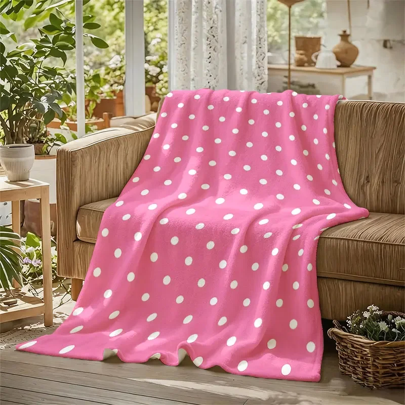 Pink White Polka Dots Flannel Blanket Perfect for Sofa Office Bed Travel Sleep Read Relax Camping Four Season Use