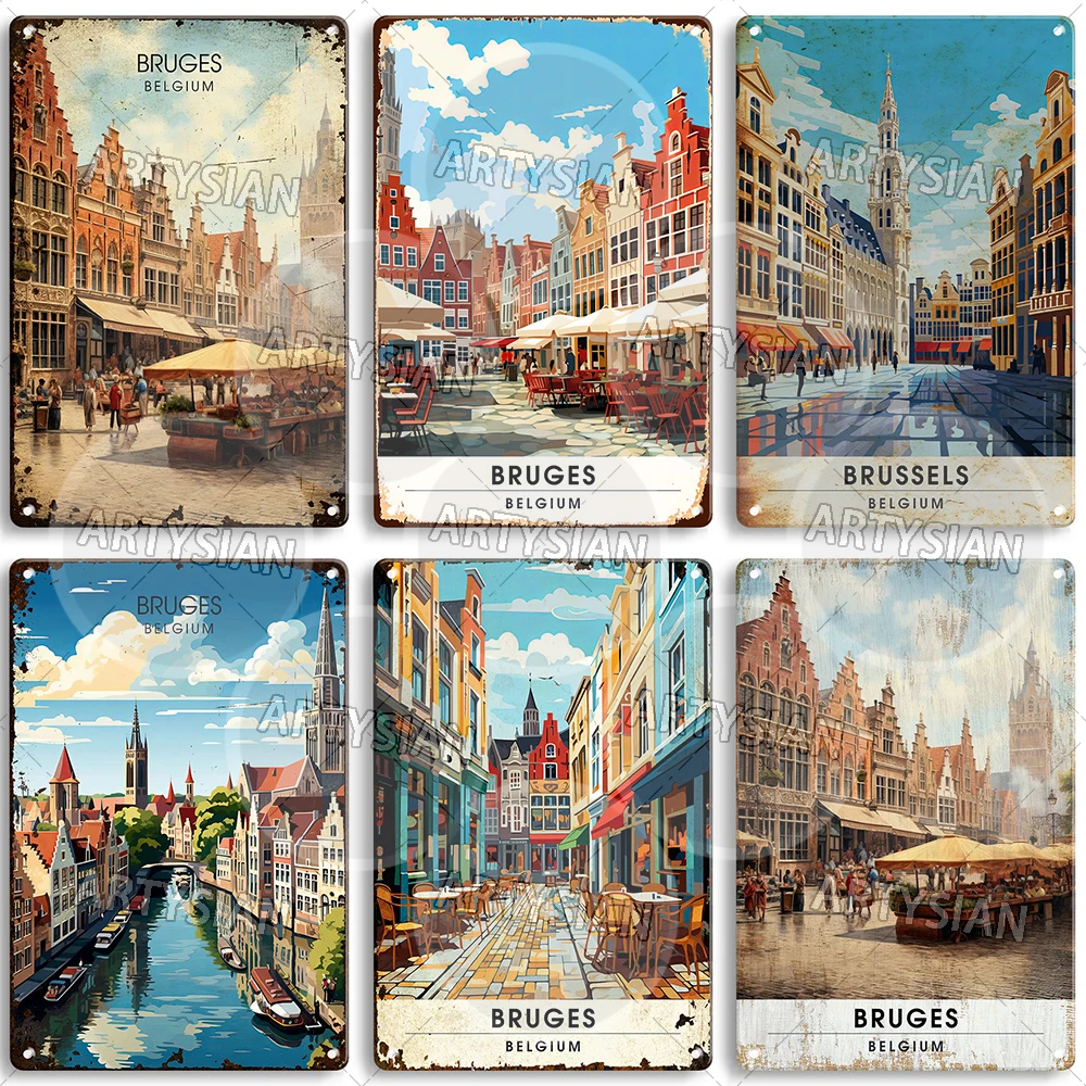 Beligum Travel Cityscape Metal Sign Brussels Bruges Vintage European City Plaque Grand Place Historic Streets Belfry Canal